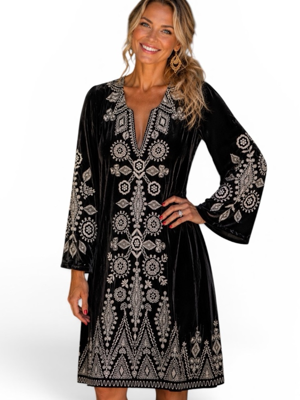 Johnny Was heavily embroidered Liona Velvet Kimono Sleeve Dress NWT